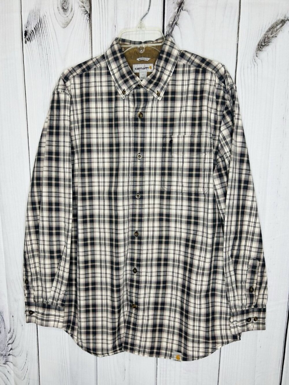 Carhartt Long Sleeve Button Down Shirt Mens Sz L Relaxed Fit Plaid Tan Gray